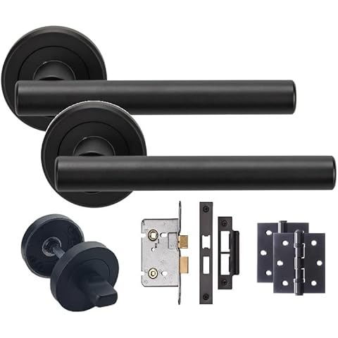 Golden Grace 1 Pair of Straight T-Bar Bathroom Door Handles On Round Rose in Stunning Matte Black Finish Complete with 1 Pair of Ball Bearing Hinges Mortise Lock and Matching Thumbturn Cover