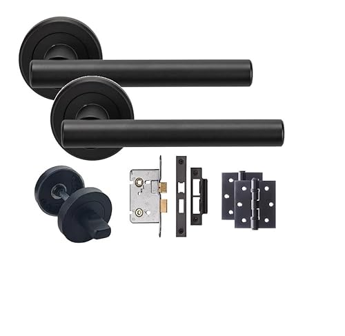 Golden Grace Straight T-Bar Bathroom Door Handles on Round Rose in Matte Black Finish, Complete with 1 Pair of Ball Bearing Hinges, Mortise Lock & Matching Thumbturn - 1 Set