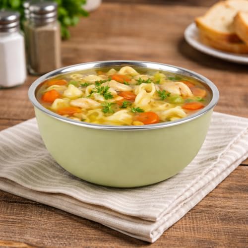 Image of Zaib Stainless Steel Microsafe Bowl (350ml, 12cm) - Insulated Double Wall Serving Dish for Soup, Snacks, Desserts & Festive Treats - Microwave Safe Outside, Steel Inside (Olive Green)