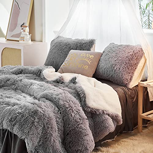 Uozzi Bedding Gray Faux Fur Comforter Set Twin 3 Pieces - 1 Shaggy Comforter 68x86 and 2 Pillowcases, Ultra Soft and Easy Care Luxury Plush Super Warm Winter Shaggy Duvet Set