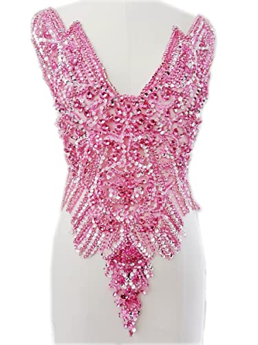 Handmade Rhinestones Lace Body Applique Handsewing Beads Trim Patches Accessories For Dress Clothes (Pink) #TOP1