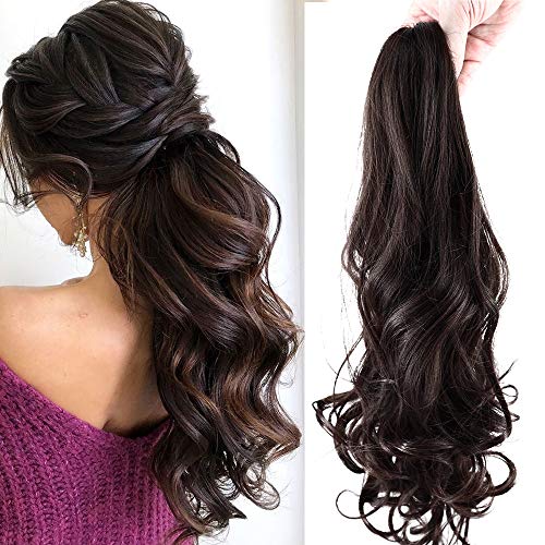 Postiche Queue de Cheval Extension a Clip Cheveux Naturel Ondulé bouclés Claw on Ponytail Griffe Monobande (Brun moyen) Cover