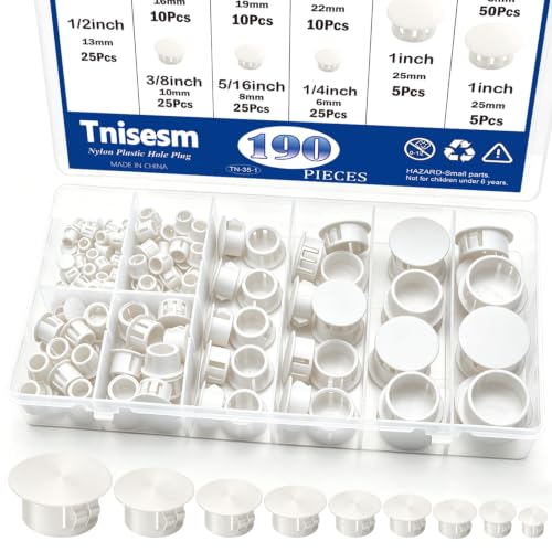 Tnisesm 190Pcs 9 Sizes Nylon Plastic Hole Plugs 1/5 1/4 5/16 3/8 1/2 5/8 3/4 7/8 1Round Drill Hole Flush Type Panel Knockout Locking Plugs Screw Covers for Furniture Cabinet Insert End Caps