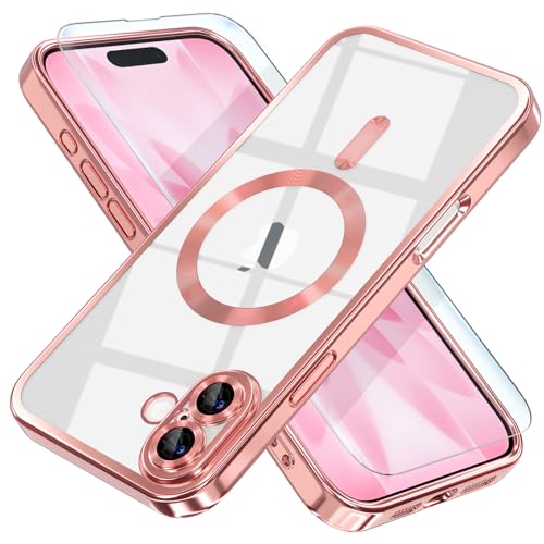 Image of Misea Magnetic for iPhone 17 Case Compatible with MagSafe Pink | [Never Yellowing] [Military Drop Protection] Full Camera Lens Protector Plating Soft Clear Phone Case for Women, Pink