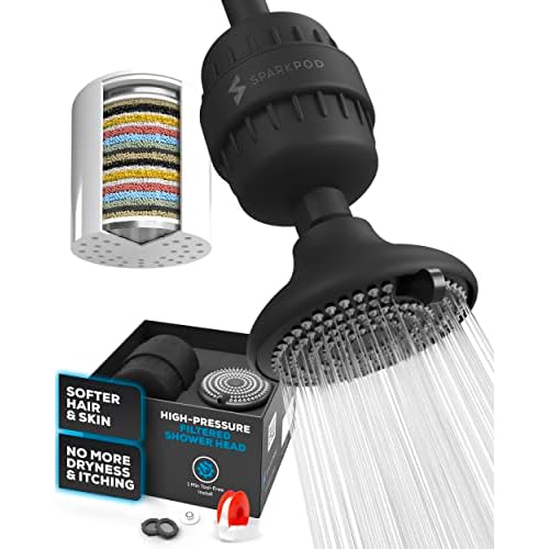 SparkPod 23-Stage Filtered Shower Head with 3 Spray Settings - High Pressure Shower Head with Filters for Dry Hair and Skin - Showerhead with Filter Reduces Chlorine & Heavy Metals (Black Ma