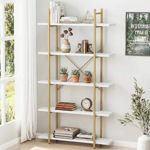 Azheruol 5 Tiers Bookshelf Organizer White Faux Marble Shelf,Modern Open Display Storage Bookcase...