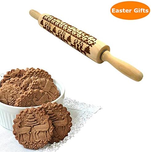 Babyyon Christmas Wooden Rolling Pins Wood Embossed Rolling Pin Engraved Carved Embossed Rolling Pin Kitchen Tool for Fondant Cake Dough Biscuit Baking Gift 17"