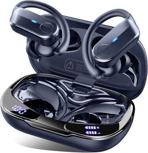 Image of Ordtop Sport Wireless Earbuds with Earhooks, 70H, IPX8 Waterproof, Blue | Bluetooth 5.4, 4 ENC Microphones, Deep Bass Sound, LED Display, USB-C Fast Charging, Secure Fit For Running, Gym And Workouts