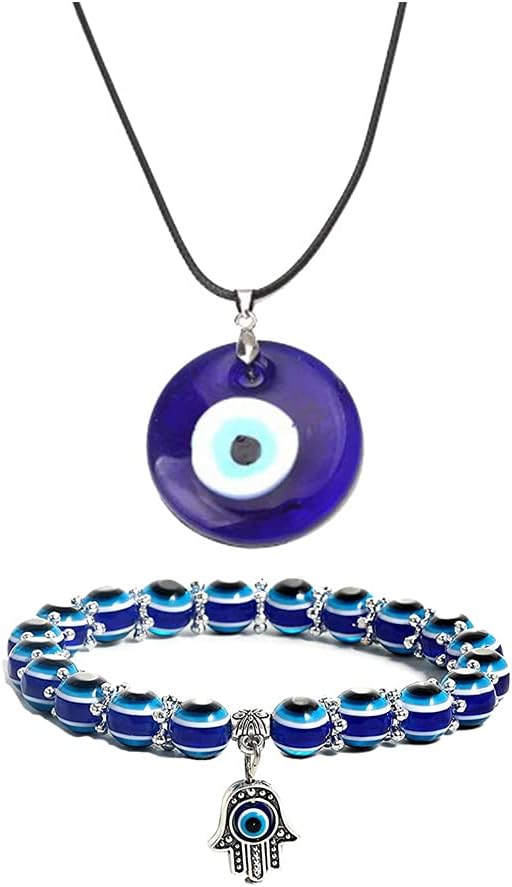 2/3/4 Pcs Blue Beads Evil Eyes Bracelet Hamsa Hand of Fatima Bracelet Glass Charm Evil Eye Leather Cord Necklace Protection Jewelry Set