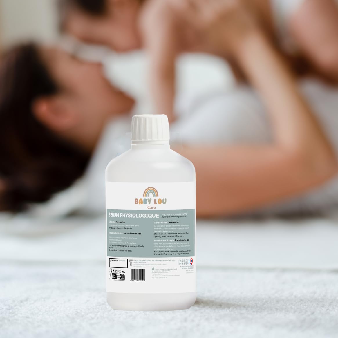Siero fisiologico in bottiglia 4x500ml | NaCl 0,9% | Prodotto in Francia | Lavaggio delle fosse nasali | Igiene del naso | Per irrigazione esterna