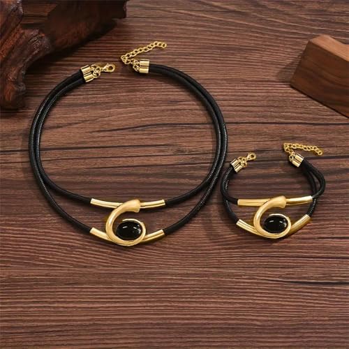 Gold Jewelry Set, Bohemian Double-Layer Black Rope With Oval Black Acrylic Pendant Necklace And Bracelet Set Vintage Trendy Golden Necklaces Bracelets For Women Gift2