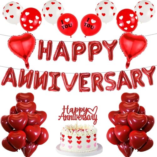 Balões de feliz aniversário, decorações de casamento, 51 peças de material vermelho de aniversário, incluindo cartão de bolo de casamento, balões de látex para casamento, aniversário, festa, noivado,