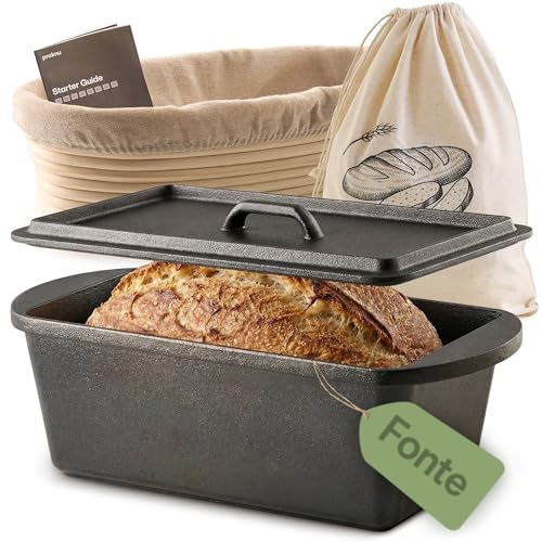 Praknu Set Cocotte En Fonte (28 × 12 cm) – Marmite En Fonte & Cocotte Pain – Avec Banneton, Sac À Pain – Casserole avec Couvercle – 3 L Dutch Oven