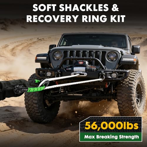 Image of Soft Shackle & Recovery Ring Kit, 1 /2'' x 22'' Soft Shackle Recovery 2 PCS | Max Breaking Strength 56,000 Lbs, with Black Snatch Recovery Ring for ATV UTV SUV Truck Off-Road Vehicle, Black