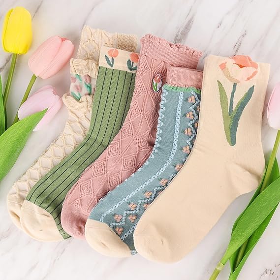 Image of HOMSSEM Floral Crew Socks - 5Pair Flower Graphic Soft Cotton Socks for Women, Teen Girls - for Sandals, - Cute Vibrant Colors