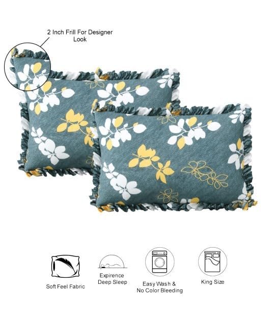 Image of King Size Fitted Bedsheet for Double Bed | 300 TC Cotton Feel Microfiber | All Around Elastic with 2 Frill Pillow Covers | Soft & Durable | (GreenYellowFrill, Fitted -60x78 Queen)