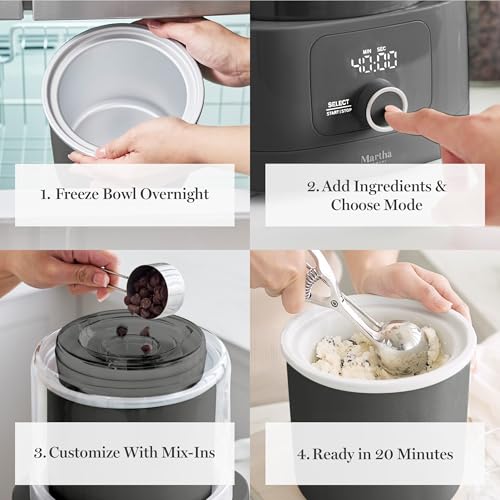 Image of Martha Stewart Ice Cream Maker, 2 Quart Double-Insulated Freezer Bowl, Sorbet & Frozen Yogurt, Ready in 20 Minutes, Mix-Ins Chute, Easy to Clean, Caviar Gray