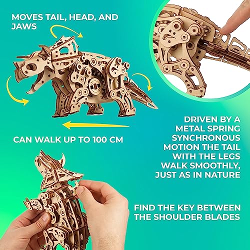 UGEARS Triceratops Dinosaur Wooden Model Kit to Build – 3D Wooden Mechanical Dinosaur Puzzle – Wooden Puzzle Dino Scale 1:32 – Mechanical Model Wooden Dinosaur with Realistic Walking