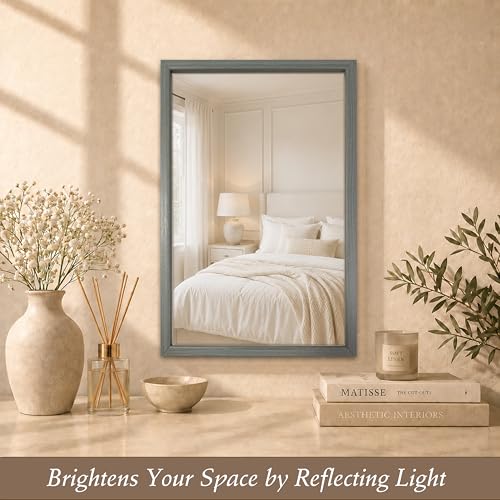 Image of Rousrie Premium Framed Glass Wall Mount Mirror, Decorative, for Bathroom, Bedroom, Living Room and Entryway, Wash Basin (14 by 20 Inch) (Greyish)