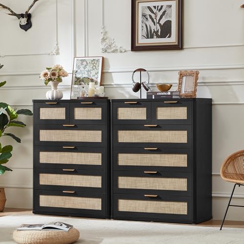 Image of LEYAOYAO Rattan Dresser for Bedroom Set of 2, 42 inch Tall Chest of Drawers, Modern 6 Drawers Boho Dressers with Storage, Light Oak Dresser Wooden Closet Organizer for Living Room, Hallway, Black