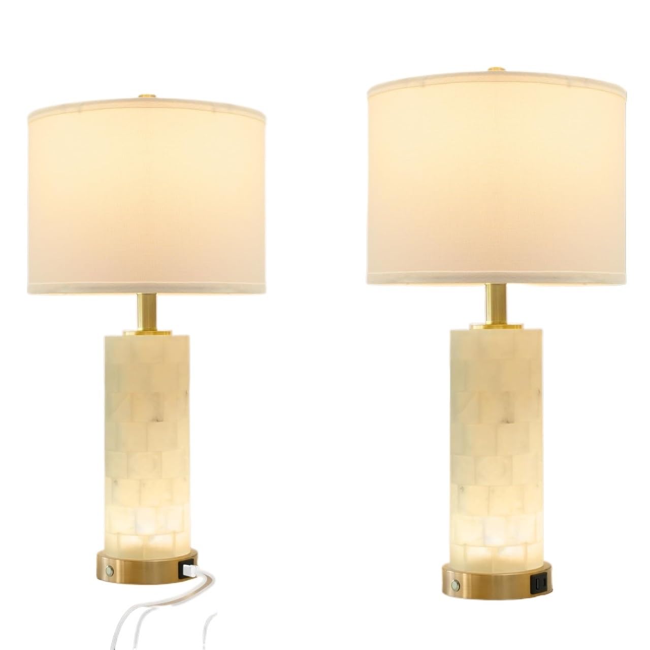 CXYWBD Alabaster Tischlampe 2-Pack, 3 Farbtemperaturen, USB-Anschluss, mit USB-Häfen, oder Glühbirne für Schlafzimmer, Wohnzimmer, Büros, Buch geeignet