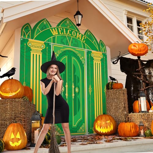 Image of VitalCozy 4 Pcs Green Castle Door Cover 6.5 x 3 ft Green Castle Backdrop Fairytale Backdrop Wonderland Hanging Banner Porch Sign for Home Bar Backyard Decorations Halloween Cosplay Party Supplies