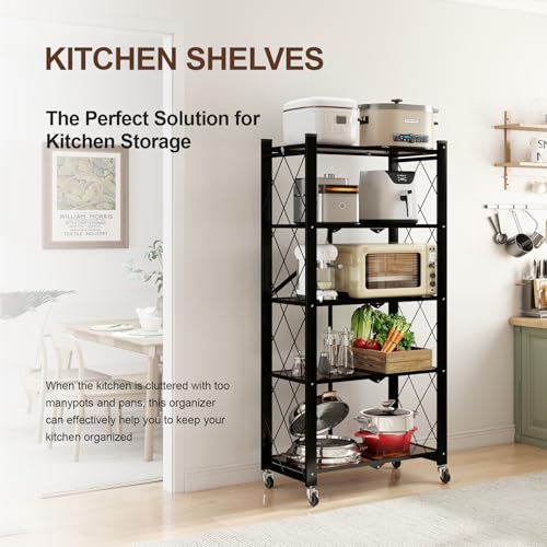 Image of 5 Tier Folding Shelf with Wheels, Wood and Metal Bookshelf
