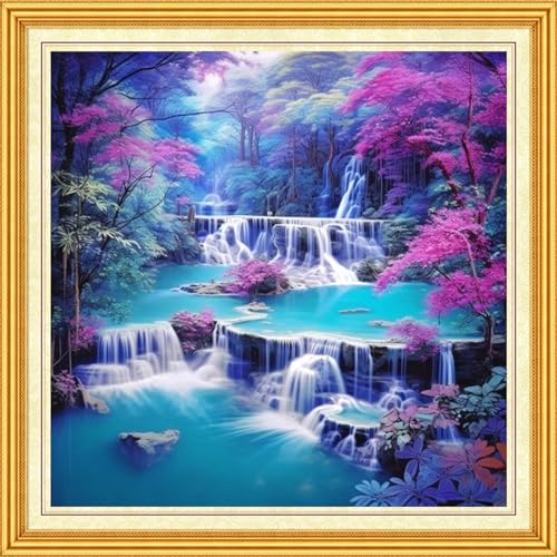 Image of DMCVIVR Stamped Cross Stitch Kits for Beginners Adults Needlepoint Kits for Beginners Embroidery Kits for Adults Crossstitch Kit for Beginners 11CT-Wonderful Waterfall 18x18 inch