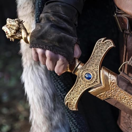 42″ Medieval Fantasy Longsword with Ornate Gold Hilt and Leather Sheath – Collectible Wizard’s Sword for Wall Décor & Cosplay