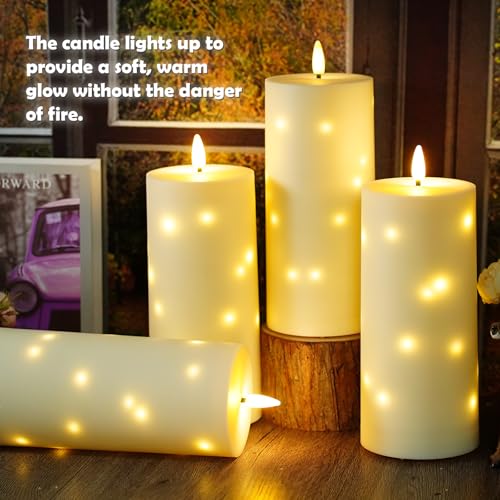 Image of kakoya 10 inch x 4 inch Large Outdoor Waterproof Flickering Flameless Candles with Timer,4Pcs Battery Operated LED Pillar Candles with Embedded Star String for Outdoor Lanterns,Porch,Patio Decor(Ivory)