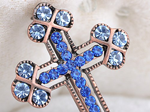 Alilang Copper Tone Sapphire Blue Colored Rhinestones Holy Cross Brooch Pin #TOP1