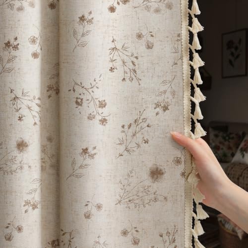 XOGUIBO Boho Floral 100% Blackout Curtains 84 Inch 2 Panels Beige