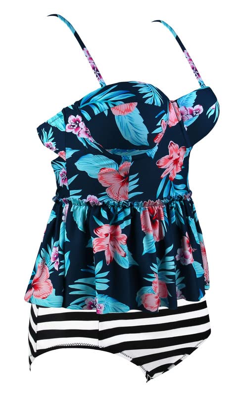 Plus Curvves Plus Size Blue 2pcs Floral Print Flounce Tankini Swimwear - 7XL 2