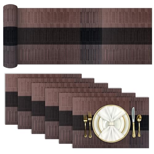 Aofmee Tischläufer und Platzsets Abwaschbar 6er Set, PVC rutschfest Tischsets mit Tischläufer, Gewebte Platzdeckchen Abgrifffeste Hitzebeständig, Vinyl Placemats Platz-Matten für Küche Speisetisch