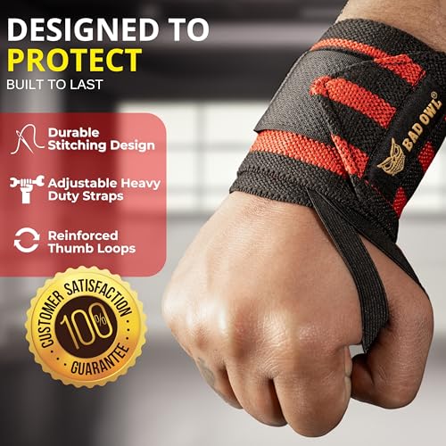 Image of BADOWL Wrist Support for Gym & Fitness - Heavy-Duty Adjustable Straps with Reinforced Thumb Loops, Breathable Wrist Wraps for Men & Women, Weightlifting & Strength Training Gear (RED)