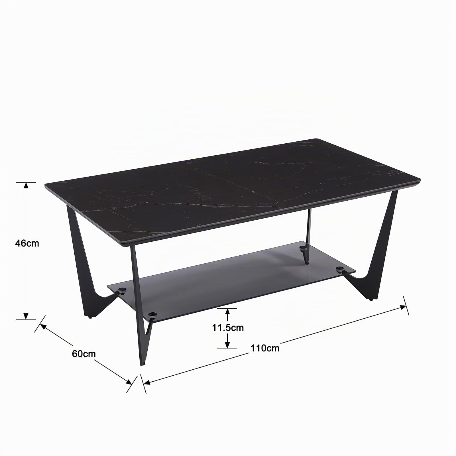 chairus Couchtisch Rechteckig, Marmormuster, 2 Ablagen Stauraum, Schwarz