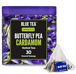 BLUE TEA - Butterfly Pea Flower Cardamom Herbal Tea - 30 Pyramid Tea Bags | DETOX TEA | Natural Food Coloring, Iced Tea, Cooler, Cocktails, Mocktails - Vegan - Premium Tin Pack - GIFT |