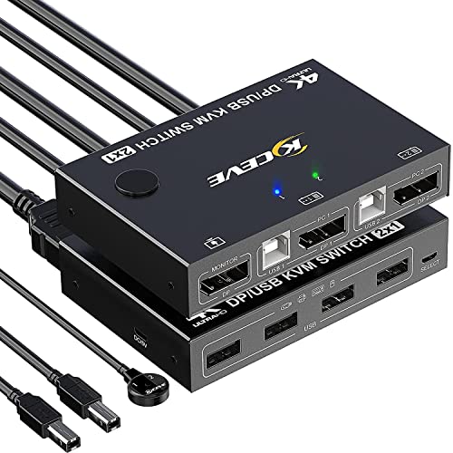 KVM Switch 2 Computers 1 Monitor DisplayPort, 2 In 1 Out DP KVM Switcher Support 4k@60Hz Control 2 Computers to Share Keyboard, Mouse And DP Monitor