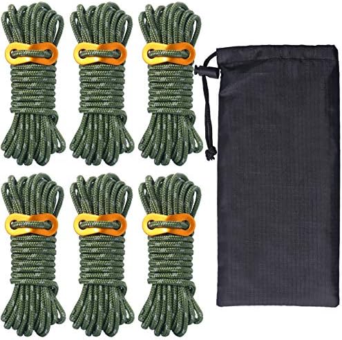 Hikeman 6 Pack 4mm Outdoor Guy Lines Tent Cords Lightweight Camping Rope with Aluminum Guylines Adjuster Tensioner Pouch for Tent Tarp, Canopy Shelter, Camping, Hiking, Backpacking (Army Green)