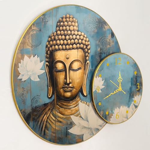 Image of PAINTINGMANTRA Meditating Lord Buddha Round Wall Painting with Clock for Living Room Decoration, Clock with Painting Gold Metal Finish Stylish Large Art Print (28x22 Inch)