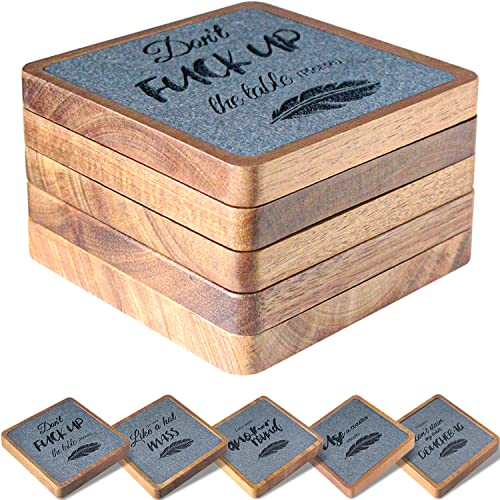 EDEGG Wooden Coasters for Drinks, Absorbent Coaster Sets of 5, Square Drinks Coasters for Coffee Tabletop Protection, Non-Slip, Non-Stick, Suitable for Kinds of Cups, Hot or Cold Drink 4.1 Inches