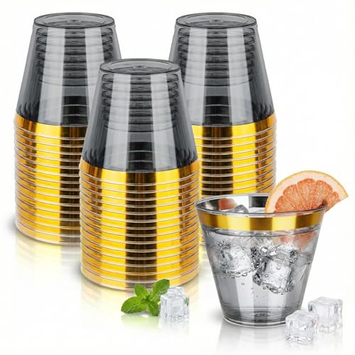 N9R 100 PCS 9 oz Black and Gold Plastic Cups Clear Disposable Cups Tumblers with Gold Rim Heavy Duty Cocktail Cup for Parties Weedings Events and Gatherings