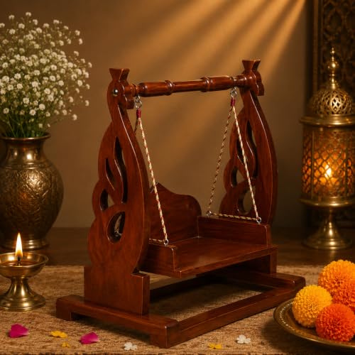 Image of Premium Polished Sheesham Wooden Laddu Gopal Jhula, Shri Krishna Swing Kanhaji, Thakurji, for Bal Gopal Idol, (Size:- 13 inchx12 inchx7 inch), Seat Size :- (8 inchx6 inch) 0 to 4 no Gopal ji (Mayur Aura Jhula)