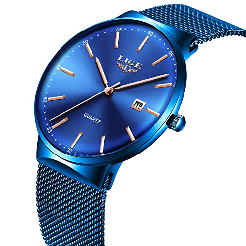 LIGE Relógios masculinos modernos esportivos à prova d'água de malha de aço inoxidável, relógio de