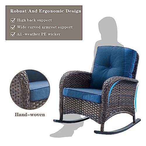 Belord Outdoor Rocking Chairs Set Of 2 Wicker Rocker Chairs For Porch, 3 Pieces Patio Furniture Rocking Set With Rattan Side Table Brown/Blue #TOP3