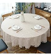 Fhberni Round Tassel Plaid Tablecloth, Heavy Weight Cotton Linen Fabric Table Cover Kitchen Dinin...