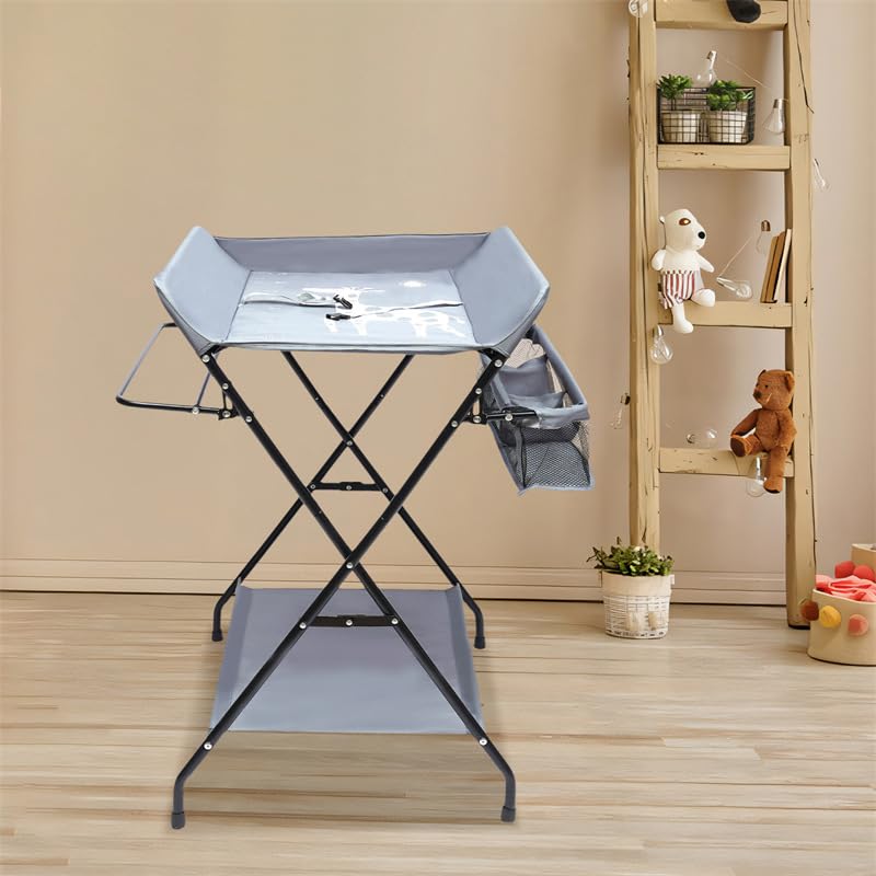 Fasciatoio Pieghevole per Bagnetto Neonati Fasciatoio Portatile Cambio Pannolini con Tasche a Rete e Scomparti Portaoggetti Fasciatoio per Bambini (80 * 57 * 96cm-Grigio)