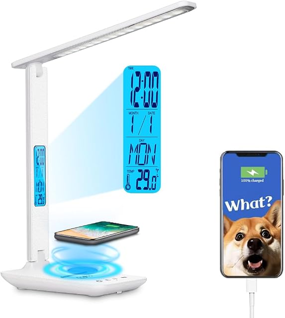 Multifunctional LED Desk Lamp with Wireless Charger,USB Charging Port,Clock,Phone Holder,Desk Lamps for Home Office,Eye-Caring Reading Lamp,Study Lamp for Boys,Girls,Teens (White-tx26)