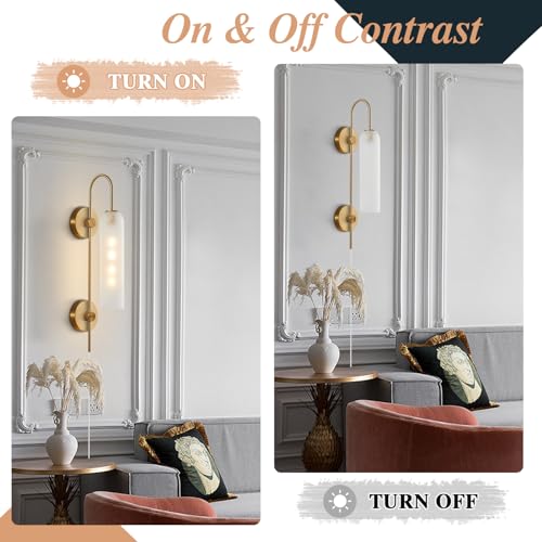 Image of BOKT Mid Century Modern Plug in Wall Sconces Indoor Long Brushed Gold Milk White Glass Sconces Wall Lighting Single Wall Sconce Bathroom Vanity Light Brass Wall Mounted Light Fixture (White)