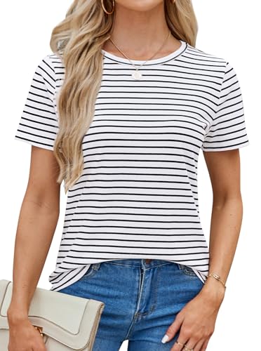 LilyCoco Women's Short Sleeve Striped Shirt Summer Crewneck T Shirt Basic Tops4